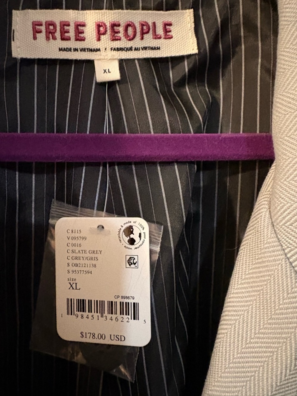 NWT Free People Betty Dbl Breasted Cropped Blazer Gray Tonal Windowpane Plaid XL - Picture 5 of 5